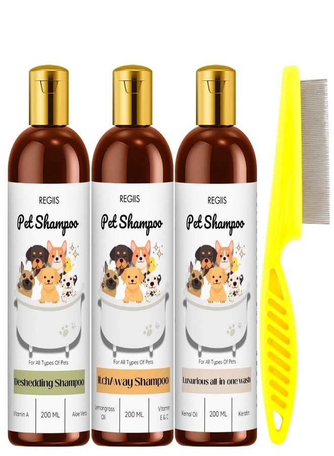 REGIIS Pet Shampoo Set, 3 Pack Dog Shampoo with Flea Comb, Deshedding, Itch Relief, All-in-One Wash, 200ml Each, for All Types of Pets(4 Pack) - Image 1